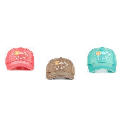 Country Yall Daisy Flower Western Distressed Baseball Hat Cap Red Blue or Brown  eb-08347616